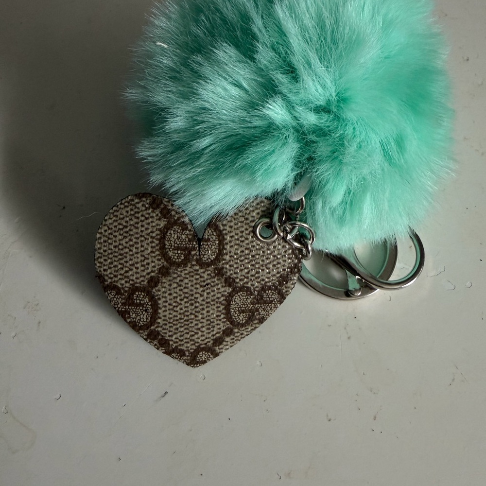 Gucci Upcycled Heart Keychain with Mint Pom Pom